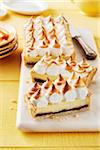 Lemon meringue tart with chocolate fudge layer cut into pieces on cutting board