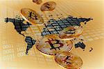 Golden Bitcoins over global map