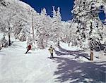 1960s MAN AND WOMAN SKIING ON SNOWY WINTER SLOPES