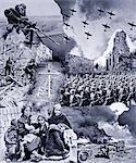 1930s 1940s MONTAGE WWII IMAGES MACHINE GUN ARTILLERY AIRPLANES NAZI TROOPS MARCHING REFUGEES WOMEN CHILDREN DEATH DESTRUCTION