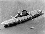 1930s 1940s 1935 AERIAL VIEW OF US NAVY SHIP WWII AIRCRAFT CARRIER USS SARATOGA WITH BIPLANE AIRCRAFT ASSEMBLED ON FLIGHT DECK