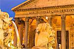 Fontana del Pantheon at dusk, commissioned by Pope Gregory XIII, with the Pantheon, UNESCO World Heritage Site, on the Piazza della Rotonda, Rome, Lazio, Italy, Europe