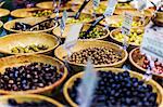 Olive stand in Borough Market, Southwark, London, England, United Kingdom, Europe