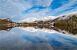 A perfect reflection of snow covered mountains and dramatic sky in the still waters of Grasmere, Lake District National Park, UNESCO World Heritage Site, Cumbria, England, United Kingdom, Europe