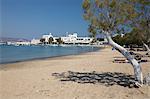 View along white sand beach, Pollonia, Milos, Cyclades, Aegean Sea, Greek Islands, Greece, Europe