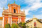 Facade of Franciscan Church of the Annunciation in Plaza Presernov, Ljubljana, Slovenia, Europe