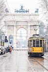 Traditional tram with Arch of Peace in the background, Milan, Lombardy, Northern Italy, Italy, Europe