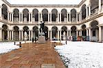 Courtyard of Honor of the Palace of Brera during snowfall, Milan, Lombardy, Northern Italy, Italy, Europe