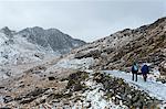 Hikers on the Miner's Track at base of Mount Snowdon in a wintry landscape in the Snowdonia National Park, Gwynedd, Wales, United Kingdom, Europe