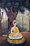 Fresco depicting Buddha meditating under a tree in a scene of the Buddha's life in Wat Phra Doi Suthep, Chiang Mai, Thailand, Southeast Asia, Asia