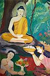 Fresco depicting food offerings to the Buddha in Wat Ampharam, Hua Hin, Thailand, Southeast Asia, Asia