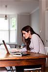 Woman using laptop on dining table