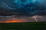 Asperatus clouds in sunset and cloud-to-ground lightning bolt, Ogallala, Nebraska, US