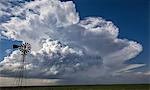 Cumulus congestus transforming into a cumulonimbus, windmill in foreground, Cope, Colorado, US