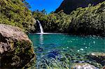 Waterfall, lake and blue sky, Petrohue Los Enamorados Trail, Vicente Perez Rosales National Park, Spring, Lakes District, Chile, South America