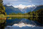 Mount Tasman and Aoraki (Mount Cook) reflected in Lake Matheson, South Island, New Zealand, Pacific