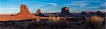 A panoramic image of the giant sandstone buttes at sunset in Monument Valley Navajo Tribal Park, Arizona, United States of America, North America