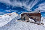 Corno Grande peak and Duca degli Abruzzi mountain hut in winter, Gran Sasso e Monti della Laga, Abruzzo, Apennines, Italy, Europe