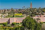 Elevated view of Koutoubia Mosque and city wall during daytime, Marrakesh, Morocco, North Africa, Africa