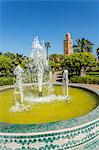 View of Koutoubia Mosque and fountain in Parc Lalla Hasna during daytime, Marrakesh, Morocco, North Africa, Africa