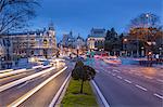 View of Cibeles Fountain in Plaza Cibeles at dusk, Madrid, Spain, Europe