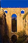 Puente Nuevo (New Bridge) floodlit at night, Ronda, Andalucia, Spain, Europe