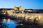 The Mezquita and Roman Bridge over the river Guadalquivir floodlit at night, Cordoba, Andalucia, Spain, Europe