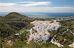 View over white Andalucian village to the sea, Frigiliana, Malaga Province, Costa del Sol, Andalucia, Spain, Europe