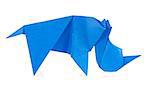 Blue rhinoceros of origami, isolated on white background.