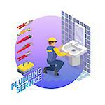 Isometric interior repairs concept. Plumber is installing washbasin in a bathroom with a blue tile. Builder in uniform holds a sink. Worker and tools. Vector flat illustration.