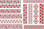 Set of 12 editable red-and-black seamless Ukrainian ethnic patterns for embroidery stitch with roses.