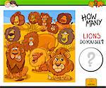 Cartoon Illustration of Educational Counting Activity Game for Children with Lions Animal Characters