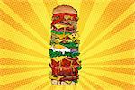 Huge Burger tower. Street fast food. Pop art retro vector illustration kitsch vintage drawing