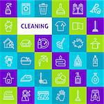 Vector Cleaning Line Icons. Thin Outline Symbols over Colorful Squares.