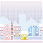 House buildings, home seamless background pattern. Street view in small city, town with road in winter time, snowing. Colorful wrapping paper, postcard, banner design template. Vector illustration.