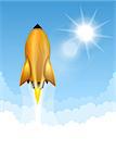 Gold rocket launch on blue sky background