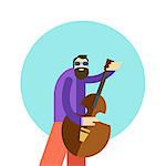 Vector illustration of cartoon hippie man with beard and in sunglasses playing guitar and singing or contrabass