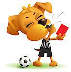 Football referee Dog shows red card. Soccer arbiter whistles. Isolated on white vector cartoon illustration
