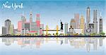 New York USA City Skyline with Gray Buildings, Blue Sky and Reflections. Vector Illustration. Business Travel and Tourism Concept with Modern Architecture. New York Cityscape with Landmarks.