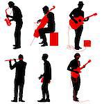 Silhouettes street musicians playing instruments on a white background.