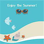 Summer background with sea,beach,sunglasses,starfish and fish. Summer holidays concept. Vector illustration