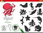 Cartoon Illustration of Finding All The Shadows of Octopuses Educational Game for Children