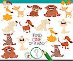 Cartoon Illustration of Find One of a Kind Educational Activity Game for Kids with Dogs or Puppies Characters