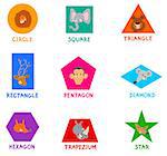 Educational Cartoon Illustration of Basic Geometric Shapes with Captions and Funny Animal Characters for Children