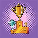 cups winner, first second third place pedestal. Sports championship competition. Comic cartoon pop art retro illustration vector drawing