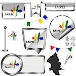 Vector glossy icons of flag of Taipei, Taiwan on white. There are Chinese characters in a set - it means Taipei