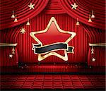 Red Stage Curtain with Star, Seats and Copy Space. Vector illustration. Theater, Opera or Cinema Scene. Light on a Floor.