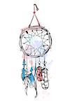 Vector illustration with hand drawn dream catcher. Watercolor brush strokes and stains. Ornate ethnic items, feathers, beads