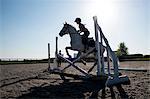 Silhouette of female rider jumping hurdle in a paddock on a grey horse