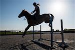 Silhouette of female rider jumping a hurdle on a showjumper horse.
